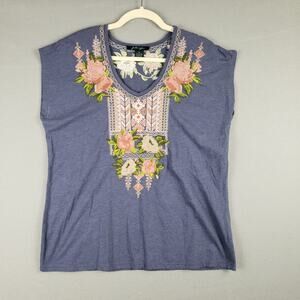 Faith & Zoe Size M Cap Sleeve Embroidered Rosette Blouse Blue Boho Western Rodeo